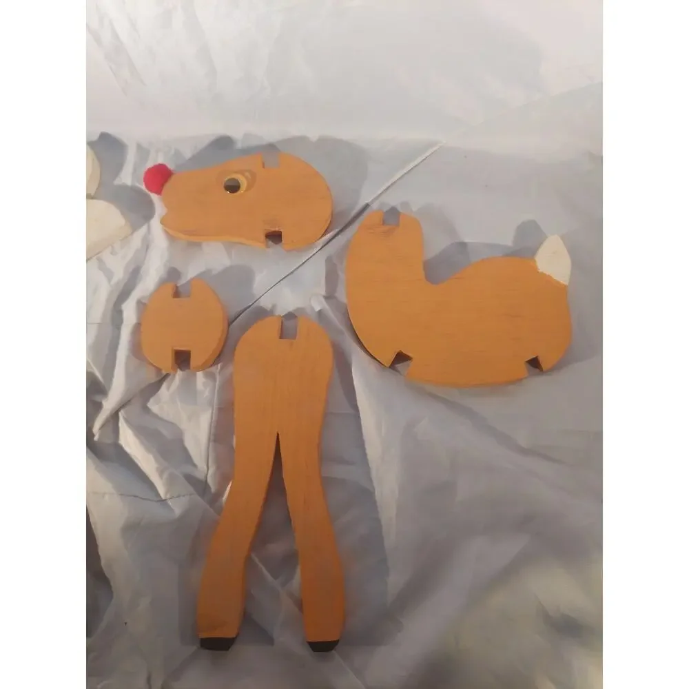 Vintage Rudolph Reindeer Christmas Decoration 19.5” Painted Wood Slot Build